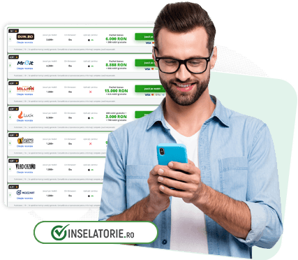 O persoană veselă care tastează pe telefon, cu o listă de cazinouri pe fundal și logo-ul Inselatorie.ro.